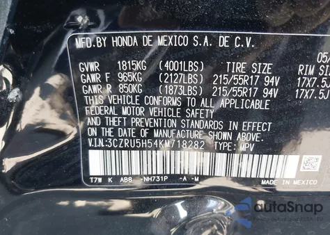 2019 Honda Hr-V Ex from USA, damaged, VIN 3CZRU5H54KM718282